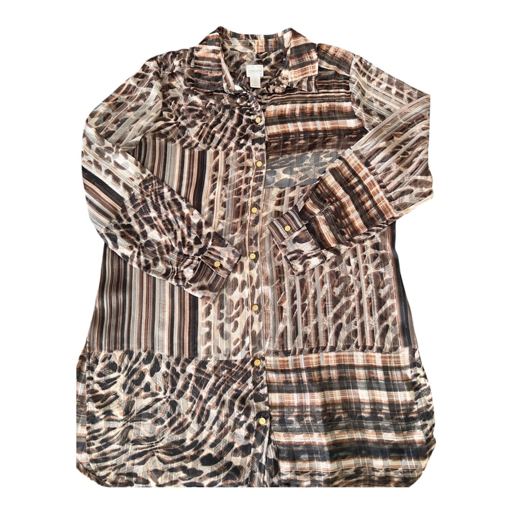 Chicos Mixed Animal Print Stripe Tunic Shirt Gold Metallic Accent Size 1 M L